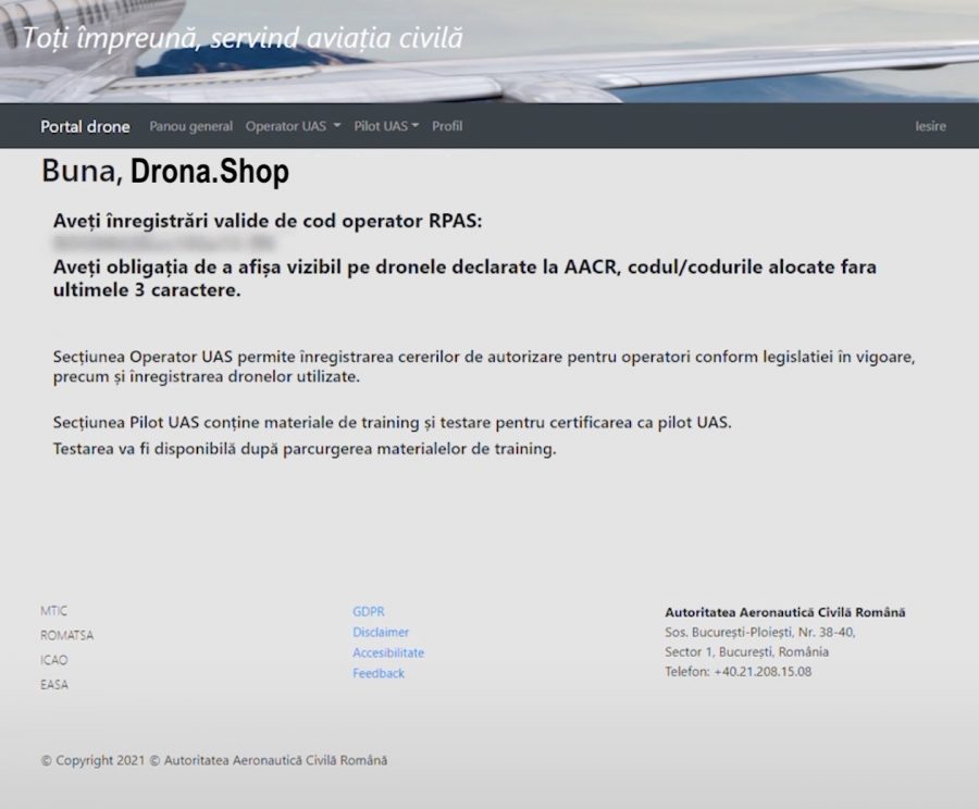 Drona inregistrata cod drona
